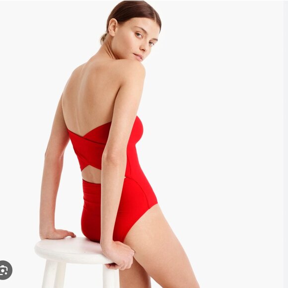 NWOT - J.Crew Women's BLACK Cross-back Bandeau Swimsuit - SIZE 6 LONG TORSO - Picture 2 of 7